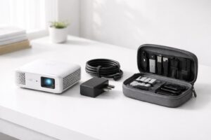 découvrez le mini vidéoprojecteur acer avec son alimentation et câble inclus, livré avec un kit anti-galère pour une installation facile et sans tracas.