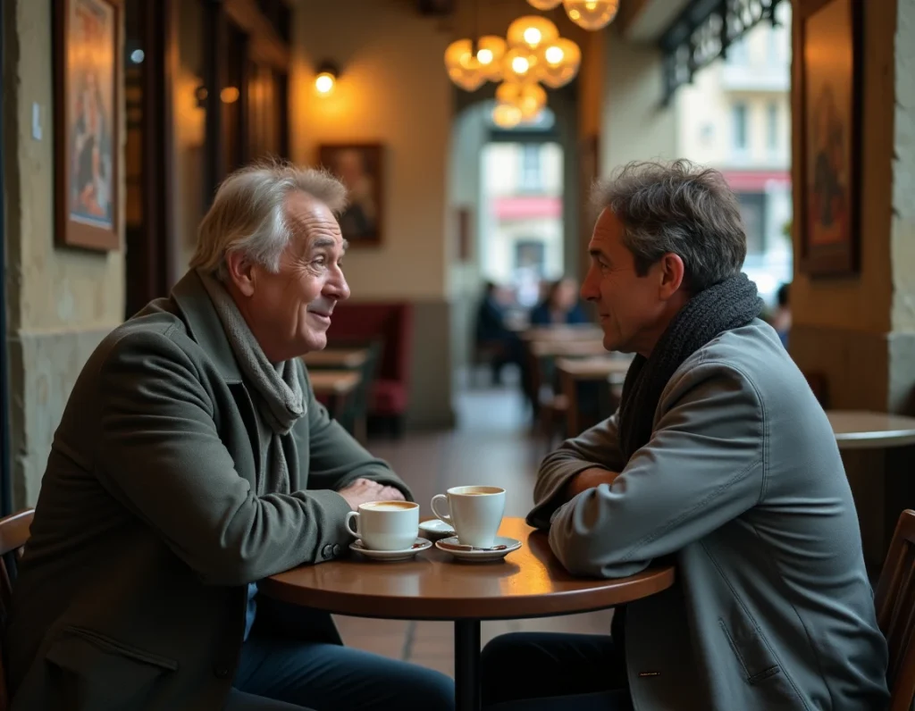 Deux personnes dans un café parisien lors d'une conversation à rebondissement, tension dramatique entre surprise et secret