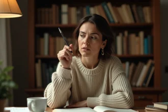 Femme écrivaine découvrant un twist narratif dans son manuscrit, entourée de notes et de livres dans un bureau chaleureux