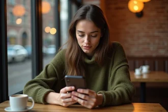 Jeune femme consultant anonymement une story Instagram sur son smartphone dans un café