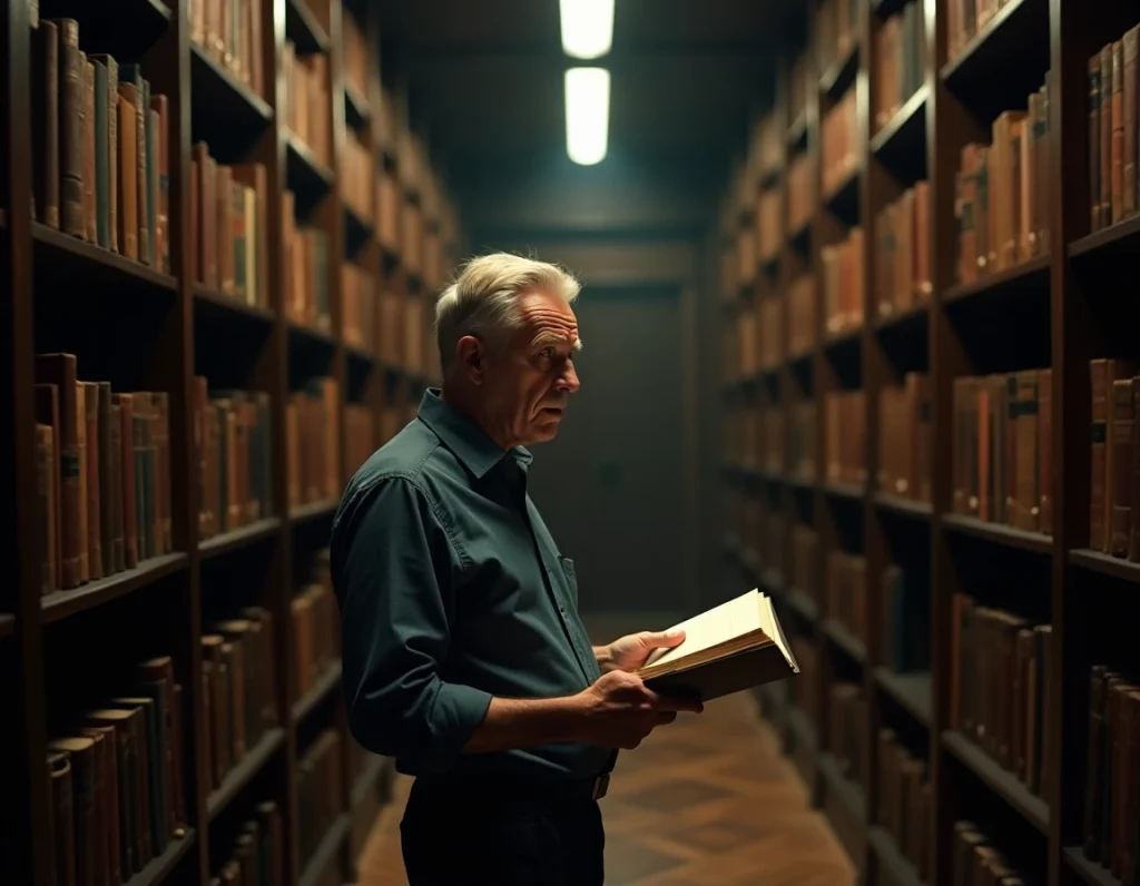 Homme stupéfait dans une bibliothèque ancienne tenant un livre ouvert, illustrant le choc d'un twist brutal dans un récit