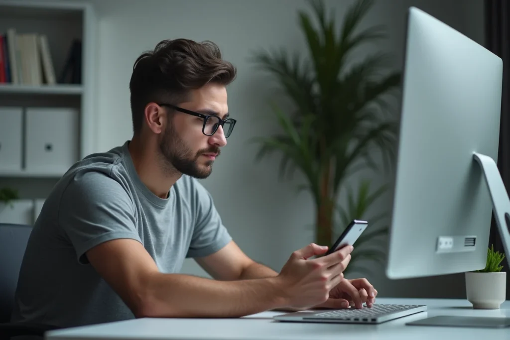 Homme utilisant un ordinateur portable et un smartphone pour consulter des stories Instagram de façon discrète