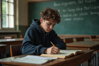 Lycéen concentré qui lit un recueil de poésie d'Arthur Rimbaud en classe, avec des notes manuscrites sur son bureau en bois