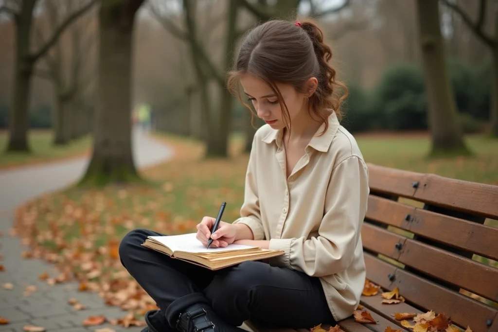 Lycéenne annotant des citations de Rimbaud dans un carnet sur un banc de parc en automne, préparant le bac de français