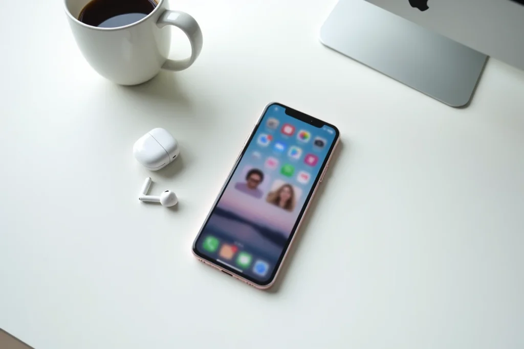 Smartphone affichant des stories Instagram avec des écouteurs sans fil sur un bureau blanc épuré