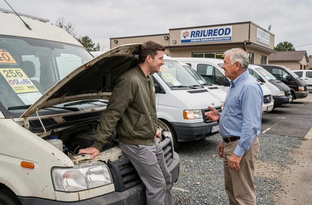 Jeune entrepreneur discutant avec un vendeur devant des utilitaires d'occasion dans un parc automobile