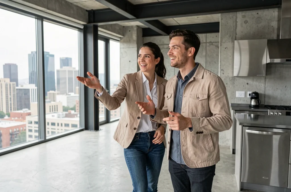 Couple visitant un appartement contemporain au design architectural minimaliste avec vue sur la ville