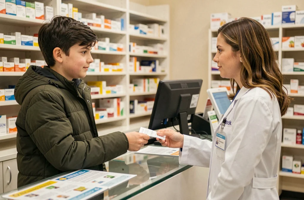 Adolescent récupérant une ordonnance de vaccin HPV à la pharmacie avec une pharmacienne