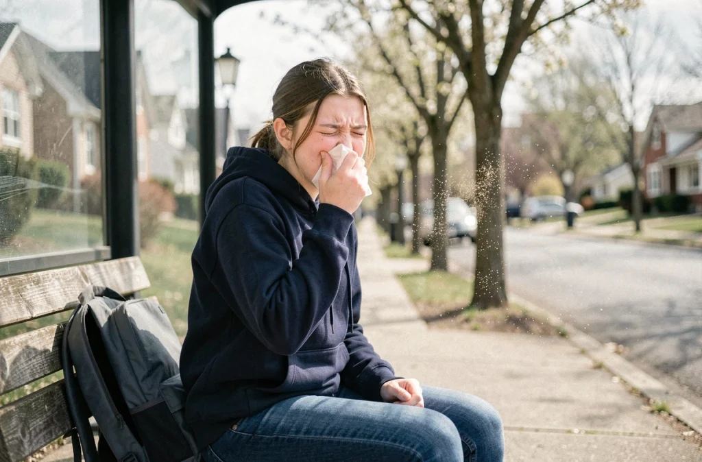 Adolescente éternuant à un arrêt de bus en milieu urbain pendant la saison des pollens au printemps