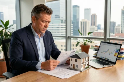 Agent immobilier examinant des documents de prêt hypothécaire dans un bureau moderne face à un skyline urbain, illustrant l'impact des taux d'intérêt sur les projets immobiliers