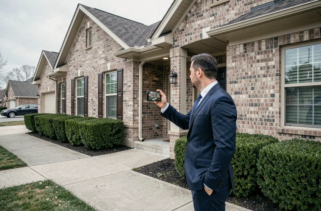 Agent immobilier filmant une visite vidéo d'une maison individuelle avec son smartphone pour une annonce digitale