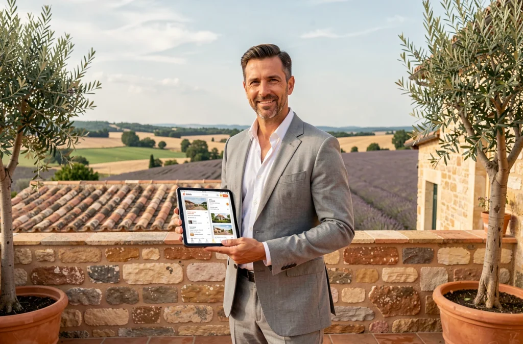 Agent immobilier présentant une villa provençale disponible en location saisonnière sur une terrasse en pierre