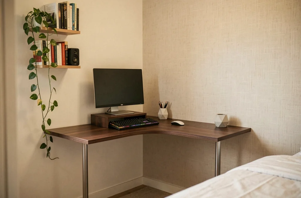 Aménagement d'un coin bureau en angle dans une petite chambre avec étagères et plante verte