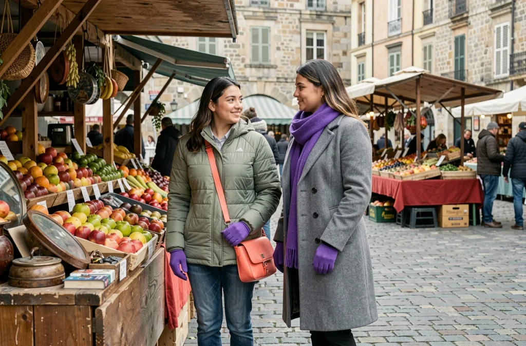 Deux amies aux accessoires colorés corail et violet dans un marché urbain en plein air