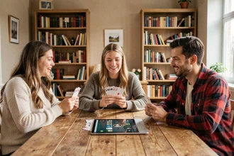 Trois amis jouant à la belote en ligne autour d'une table en bois avec un ordinateur portable