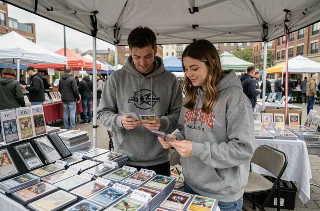 Deux amis collectionneurs parcourent des cartes Pokémon EV10.5 sur un stand de marché de cartes à collectionner en plein air