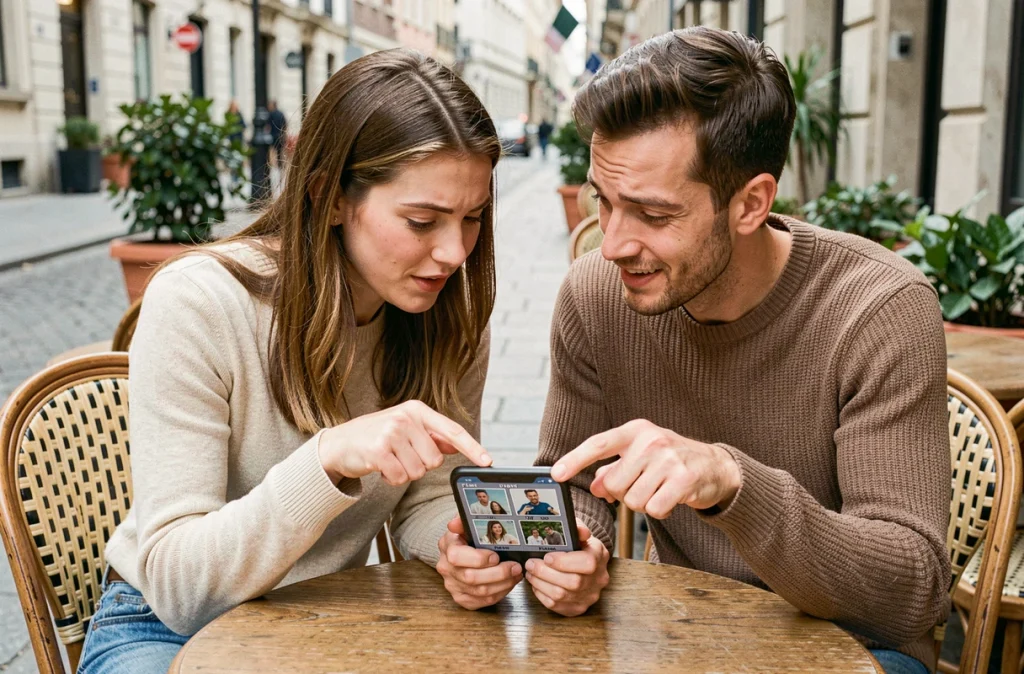 Deux amis cherchant ensemble la solution d'un jeu 4 images 1 mot de 9 lettres en terrasse de café