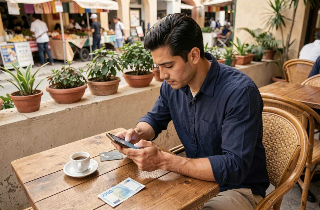 Voyageur consultant une application bancaire sur smartphone à l'étranger avec carte et billets de banque