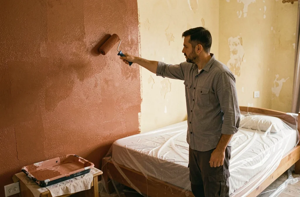 Homme appliquant de la peinture terracotta au rouleau sur un mur de chambre à coucher