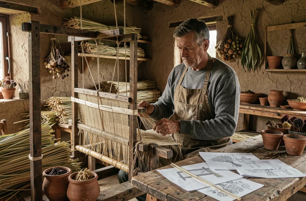 Artisan tissant des fibres naturelles de rotin et de jonc de mer sur un métier à tisser en bois dans un atelier rustique à la campagne