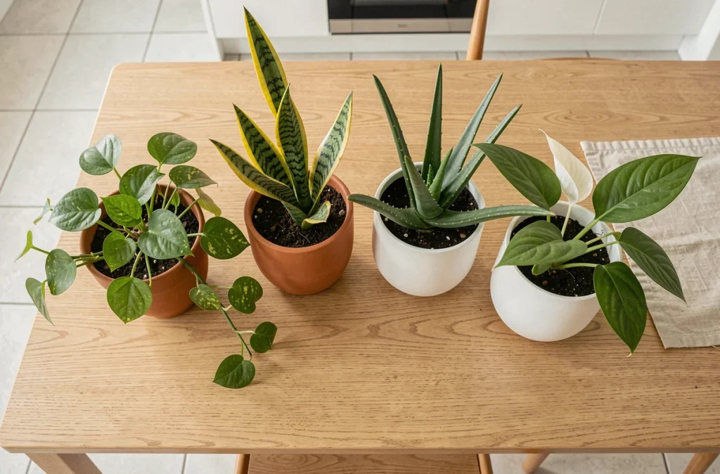 Assortiment de plantes d'intérieur faciles à entretenir en pots terracotta et céramique sur une table en bois clair