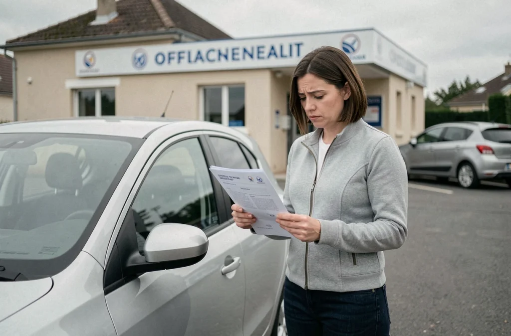 Automobiliste femme consultant son certificat de contrôle technique devant un centre de contrôle en France