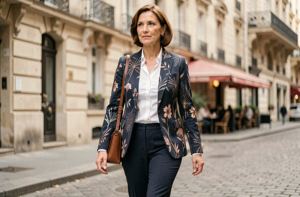 Femme élégante en blazer à imprimés floraux marchant dans une rue parisienne pavée