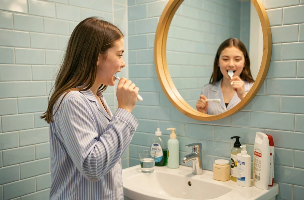 Jeune fille se brossant les dents robinet fermé pour réduire la consommation d'eau