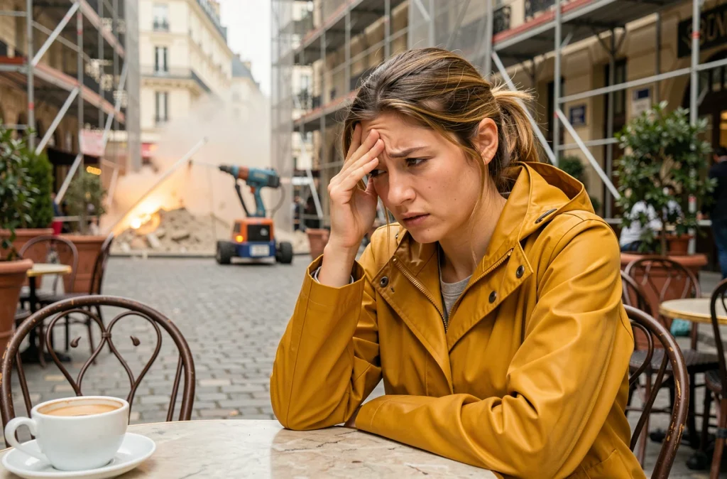 Jeune femme stressée par le bruit d'un chantier urbain dans un café en terrasse