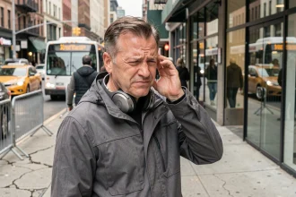 Homme en ville se bouchant l'oreille à cause du bruit de la circulation urbaine