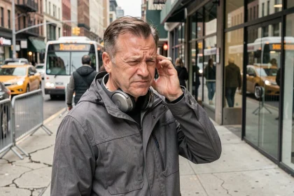 Homme en ville se bouchant l'oreille à cause du bruit de la circulation urbaine