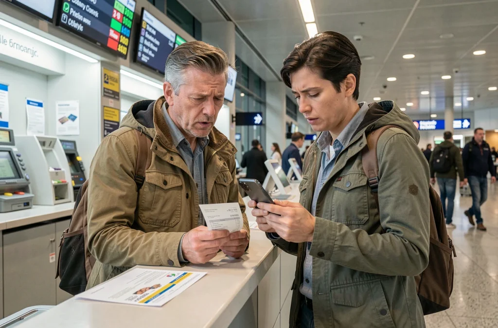 Couple comparant les frais de change au comptoir de bureau de change dans un aéroport international