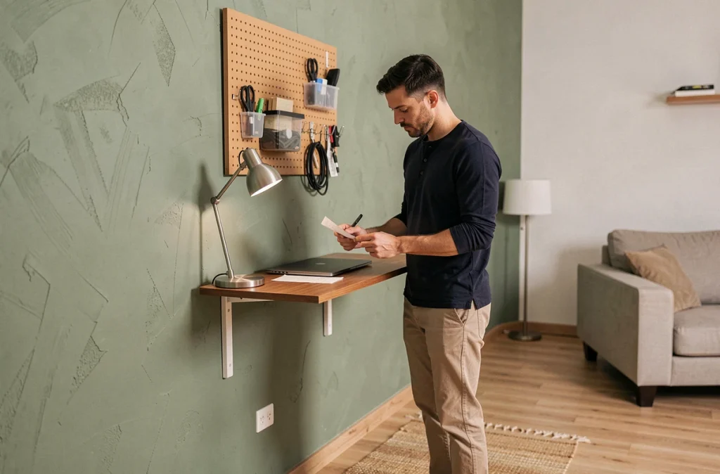 Homme devant un bureau mural rabattable dans un studio minimaliste bien organisé