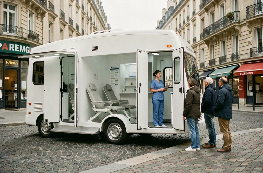 Bus de collecte mobile de don du sang stationné en centre-ville avec des donneurs faisant la queue devant une infirmière