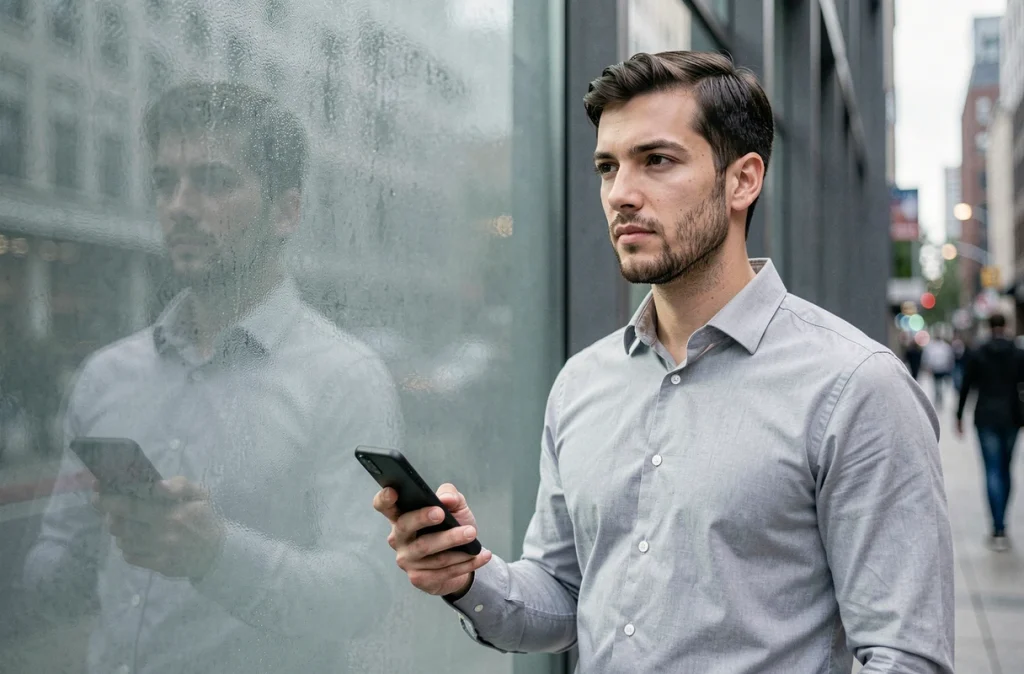 Homme tenant un smartphone retourné devant une fenêtre urbaine, symbolisant la protection de la vie privée dans les médias