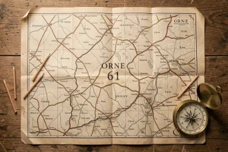 Carte vintage du département 61 de l'Orne posée sur une table en chêne avec une boussole en laiton