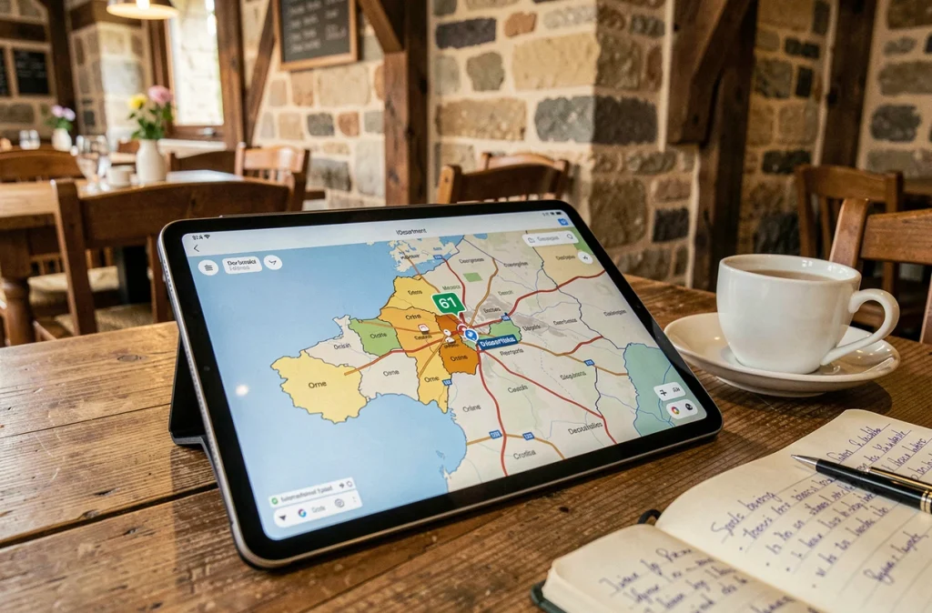 Tablette affichant une carte interactive du département 61 de l'Orne posée sur une table de café normand