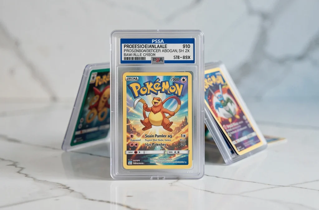Carte Pokémon rare gradée dans un étui PSA posée sur marbre blanc avec d'autres cartes en arrière-plan flou