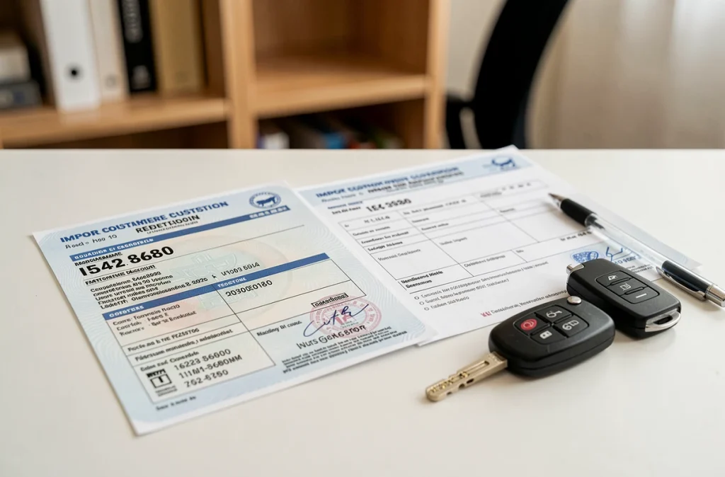 Certificat d'immatriculation européen et formulaire douanier posés sur un bureau pour l'importation d'un véhicule