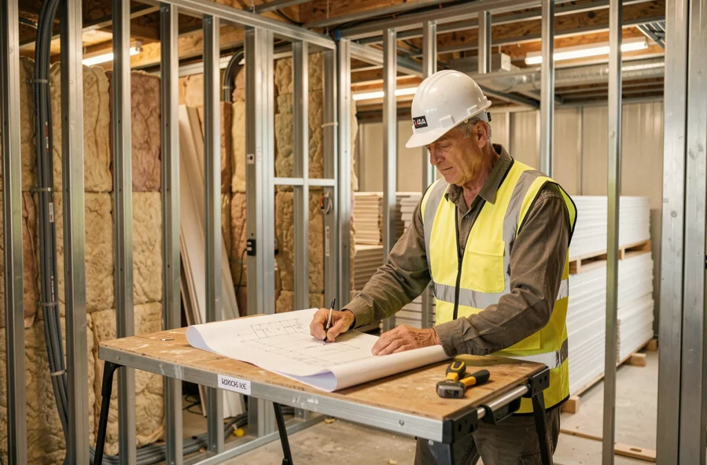 Chef de chantier inspectant les plans d'une maison modulaire en cours d'assemblage