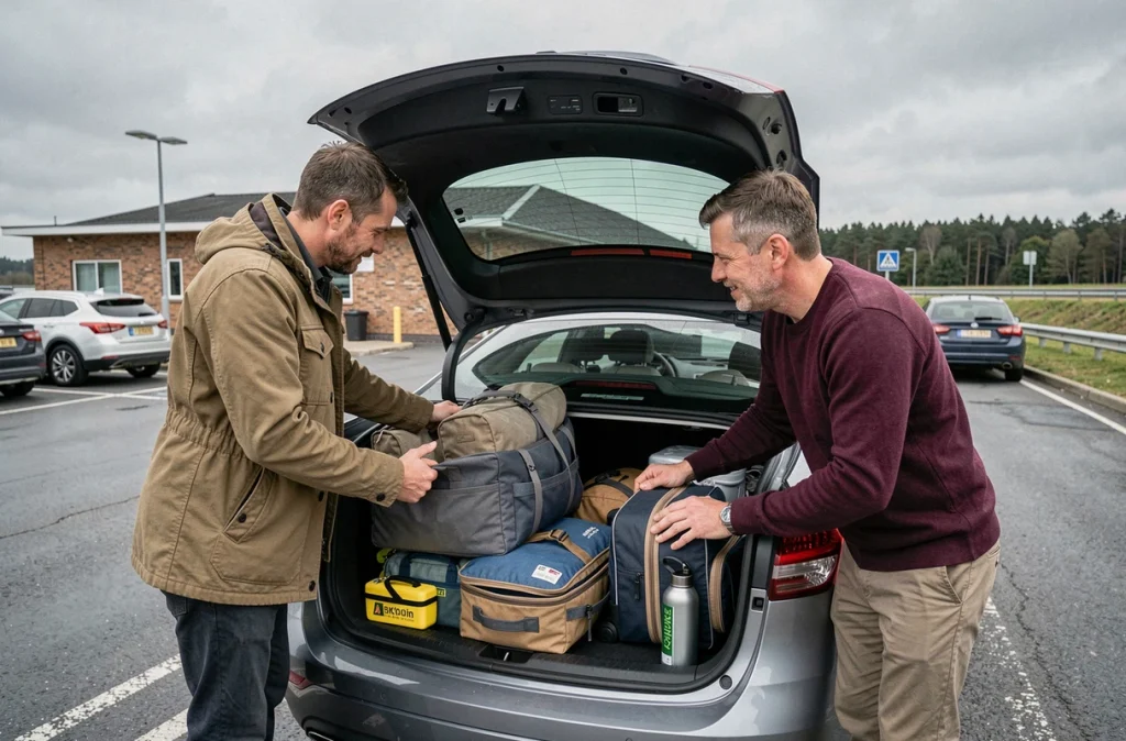 Couple chargeant le coffre de leur voiture avec bagages et kit de sécurité routière avant un long trajet sur autoroute
