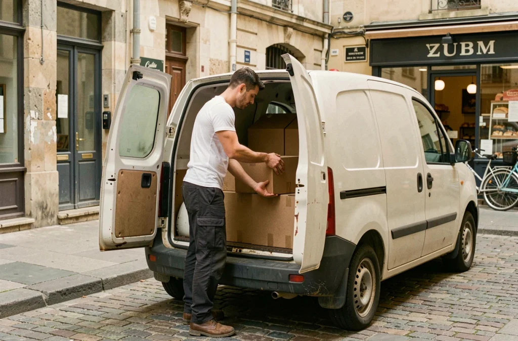 Jeune entrepreneur chargeant des colis dans un utilitaire d'occasion dans une rue commerçante française