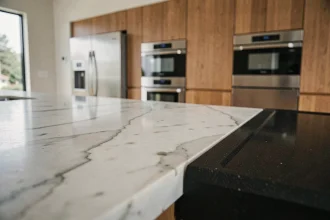 Comptoir de cuisine moderne en marbre de Carrare et quartz mat noir, comparaison de matériaux haut de gamme pour cuisine contemporaine
