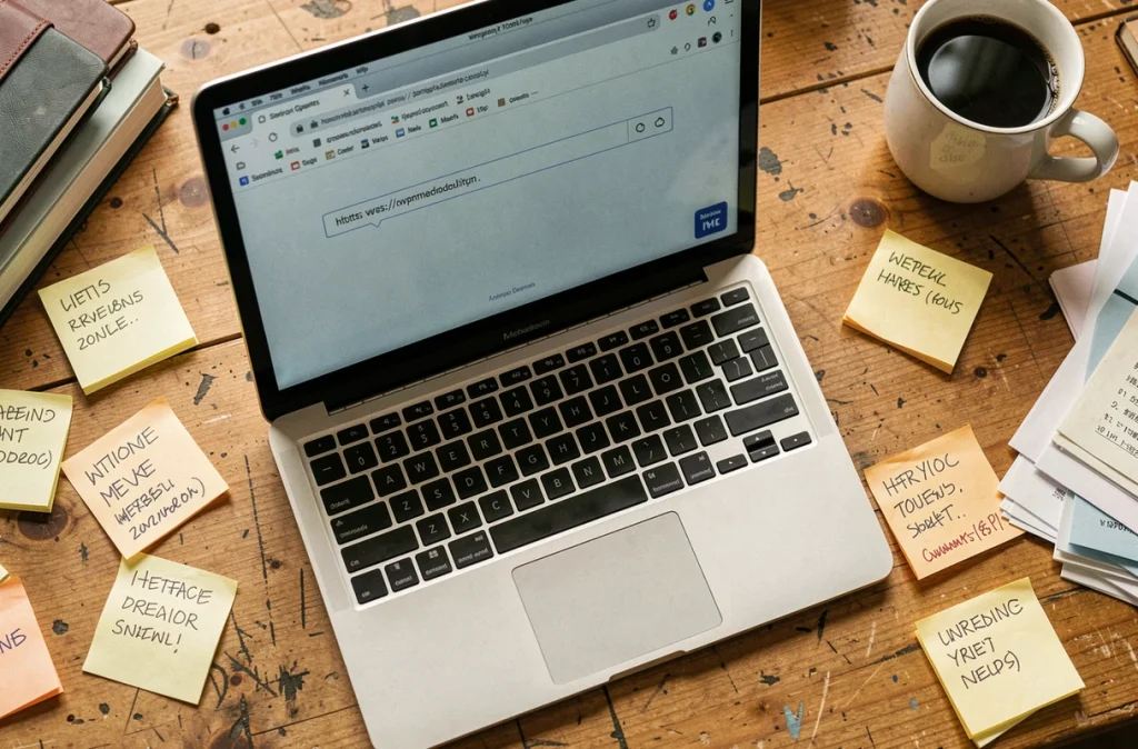 Gros plan d'un clavier d'ordinateur avec une URL de site de téléchargement tapée dans un navigateur entouré de notes manuscrites