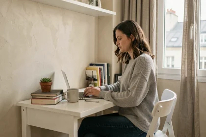 Femme travaillant à un bureau compact installé dans une alcôve de petit appartement parisien