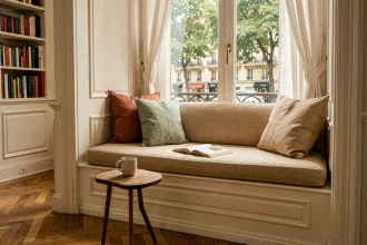Coin lecture confortable aménagé dans une alcôve de fenêtre avec coussins en lin et étagères de livres dans un appartement haussmannien