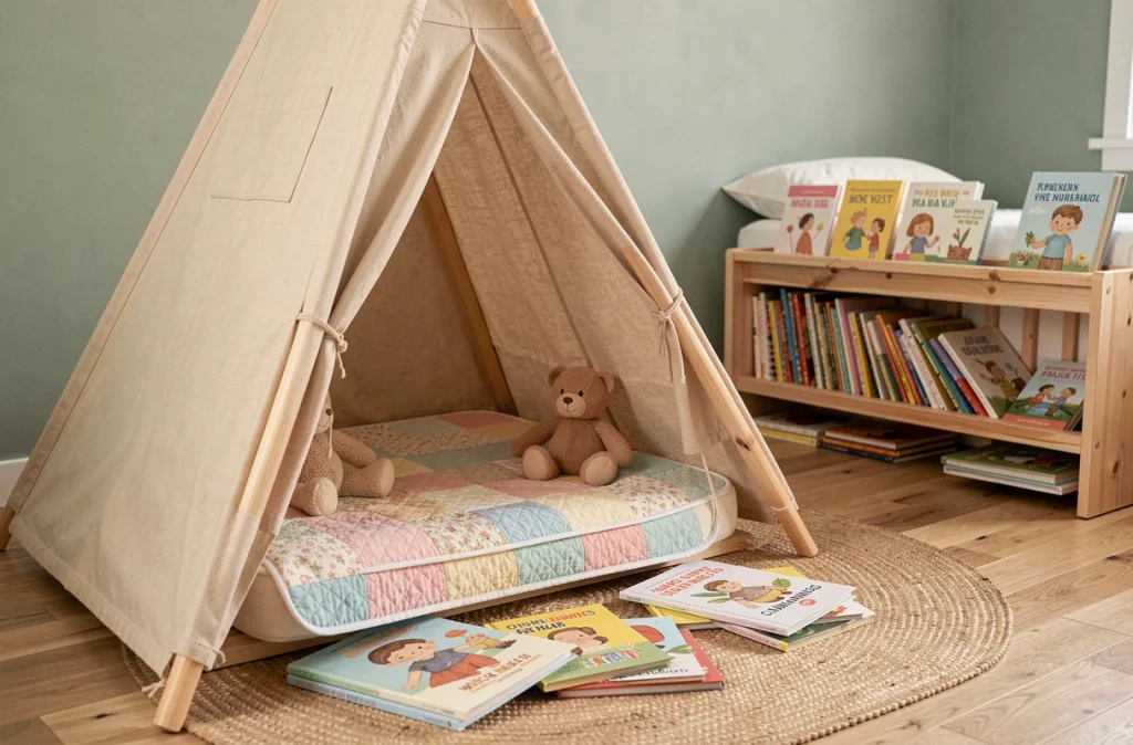 Coin lecture pour enfants aménagé avec un tipi en toile naturelle, livres illustrés et coussins colorés dans une chambre enfant