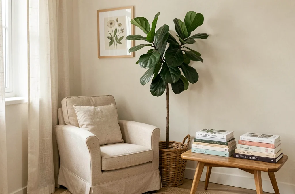Coin lecture cosy avec un grand ficus lyrata dans un panier en rotin dans un appartement lumineux et bien décoré