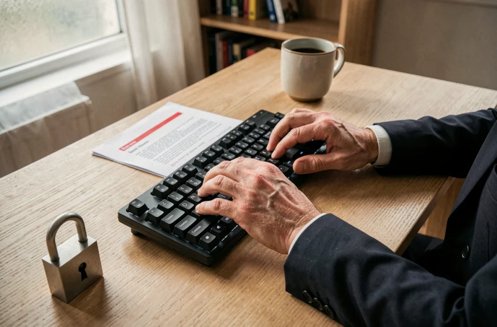 Mains d'un homme d'affaires tapant sur un clavier sécurisé avec un cadenas symbolisant la confidentialité et la protection des données personnelles en ligne