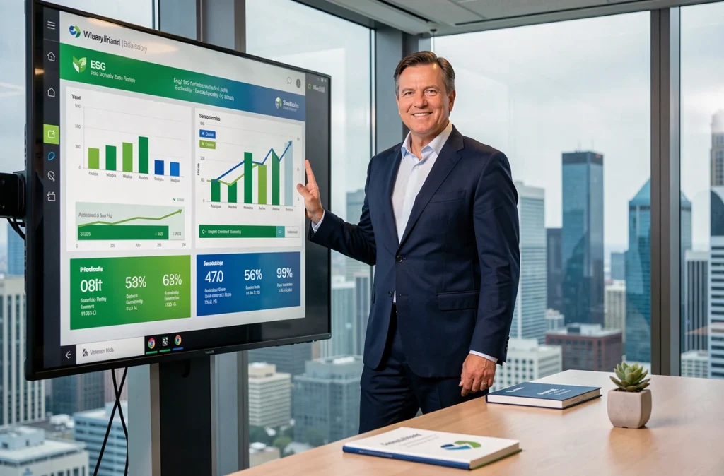 Conseiller financier présentant un tableau de bord ESG dans un bureau d'investissement moderne